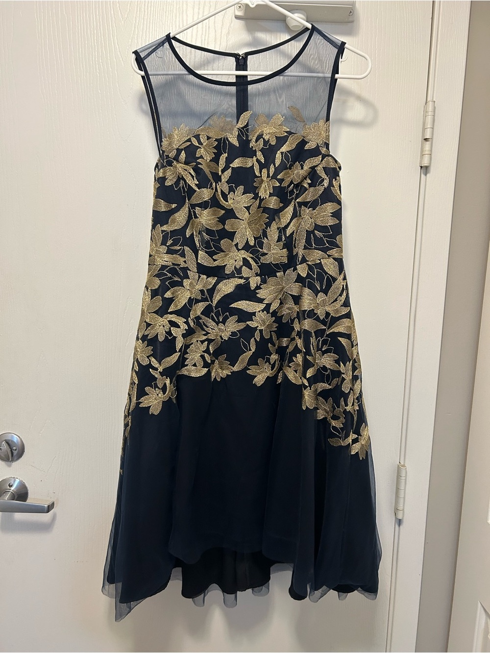 Tahari Navy Dress with Gold Floral Embroidery High-Low Hem